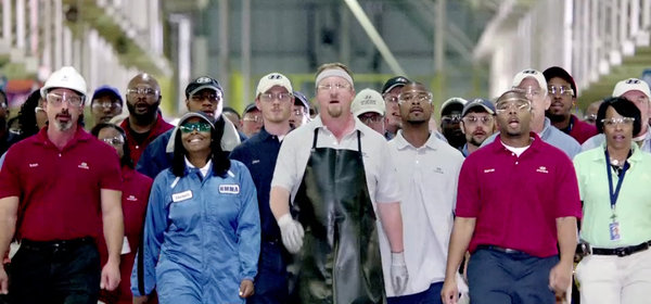 A Hyundai ad that ran during Super Bowl coverage showed workers from the company's plant in Montgomery, Ala.